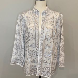 Womens Chico size 2 white silver embroidered jacket blazer holiday party festive